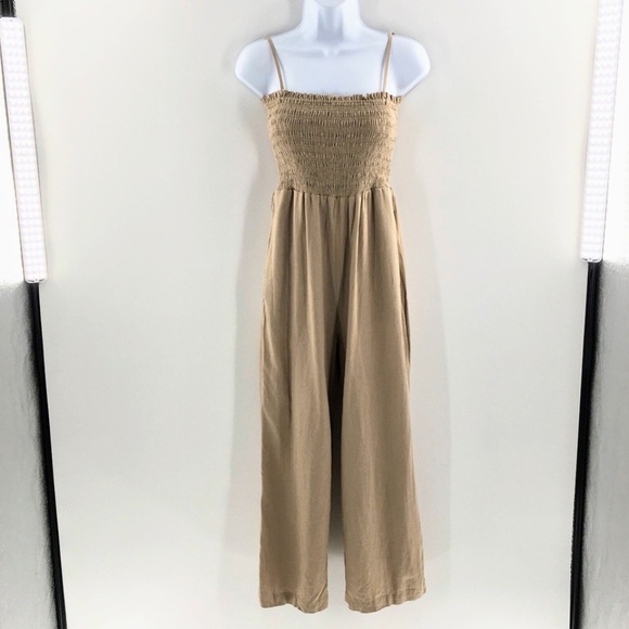 House of Harlow Linen Blend Jumpsuit Brown Sleeveless Cropped Smocked Top Sz XS - Picture 3 of 11